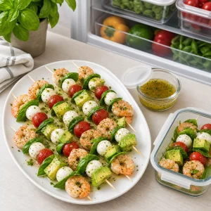 Chilled shrimp caprese avocado skewers served with extra dressing for storage