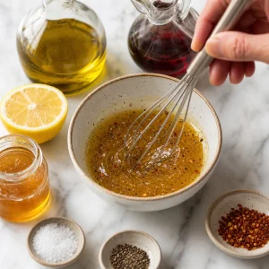 Lemon vinaigrette being whisked for Mediterranean shrimp skewers
