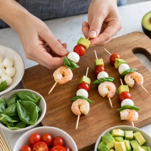Shrimp, basil, mozzarella, tomato, and avocado threaded onto skewers