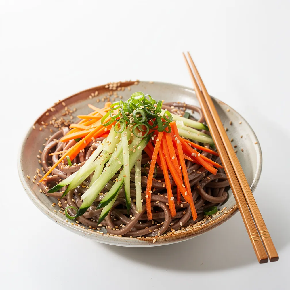 Chilled soba noodle salad with ginger sesame dressing, fresh vegetables, and sesame seeds in a ceramic bowl