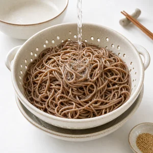 Cooked soba noodles rinsed under cold water