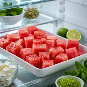 Cubos de melancia gelados em uma bandeja na geladeira antes da montagem