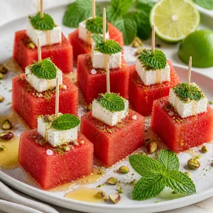 Petiscos frios de melancia, hortela e feta servidos em uma travessa branca