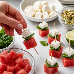 Melancia, hortela e feta em pequenos espetos para petiscos