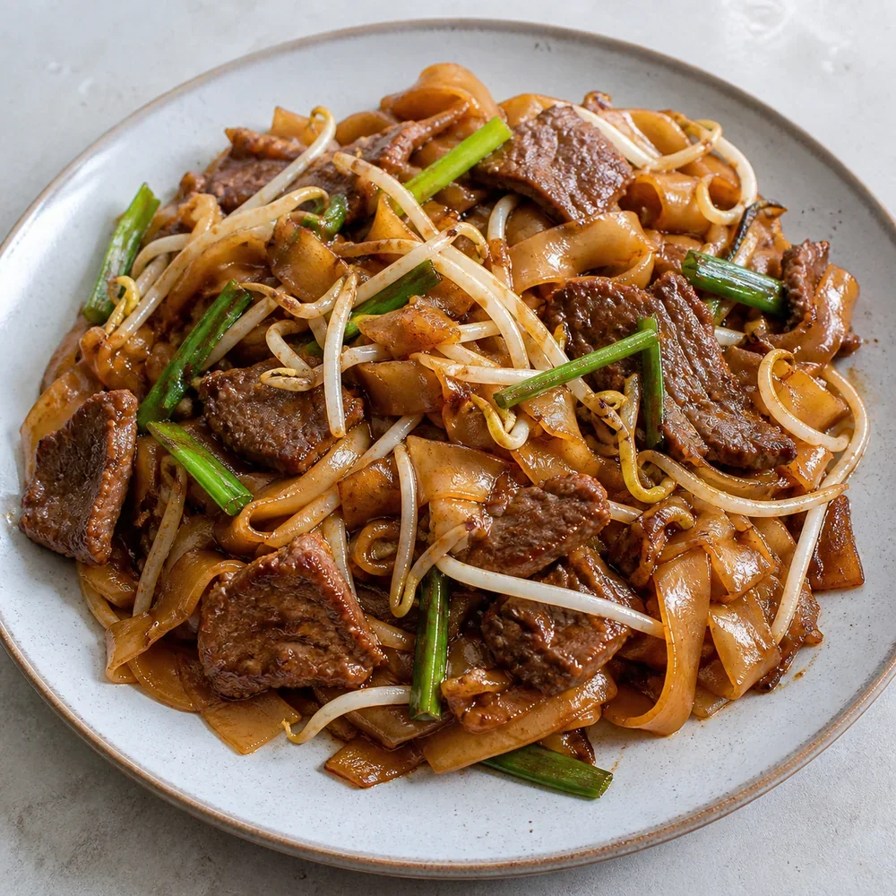 Finished beef chow fun with bean sprouts and scallions