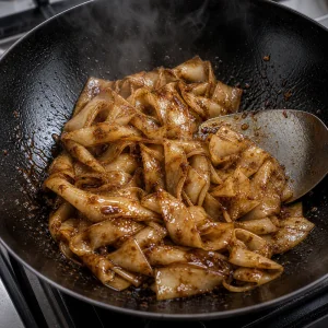 Rice noodles turning glossy with soy sauce