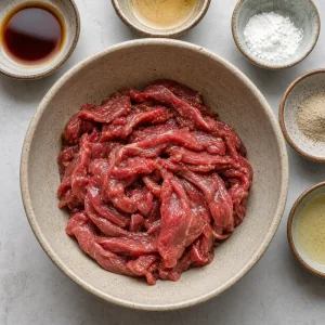 Thin beef slices in marinade