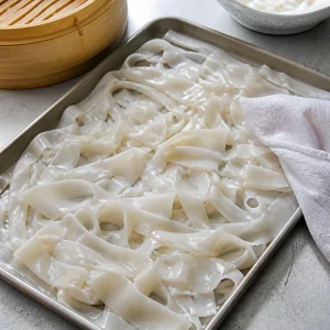 Wide rice noodles separated on a tray