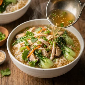Chicken vegetable soup ladled over brown rice