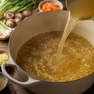 Clear chicken broth pouring into the pot