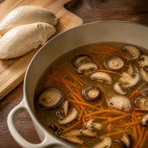 Shiitake mushrooms and carrots simmering in broth