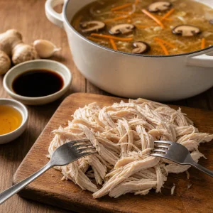 Shredded chicken resting beside the soup pot
