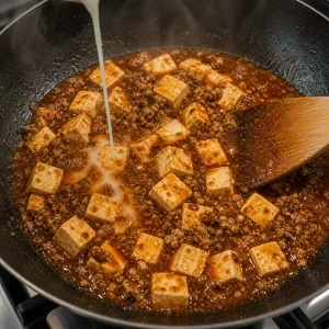 Cornstarch slurry being poured into simmering mapo tofu