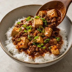 Hot mapo tofu being spooned over steamed rice