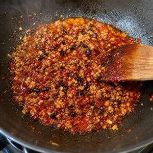 Red chile bean paste and aromatics stirred into browned pork
