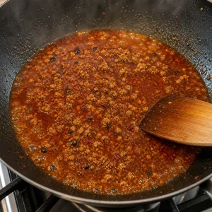 Red mapo sauce simmering with pork bits in a wok