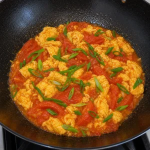 Finished tomato egg stir-fry topped with scallion greens