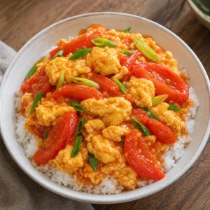 Tomato egg stir-fry spooned over steamed rice