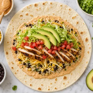 Open tortilla layered with chicken, rice, beans, and avocado