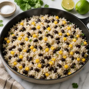 Warm rice with black beans and corn