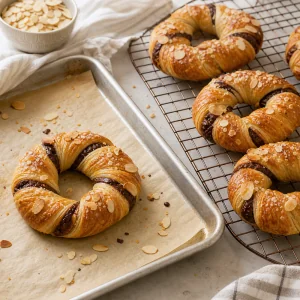 Baked chocolate almond bretzel pastries cooling on a wire rack