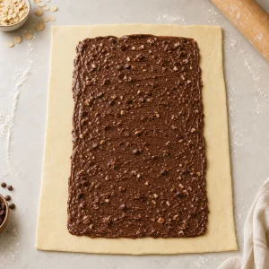 Recheio de chocolate e amêndoa espalhado no centro da massa folhada