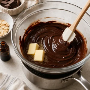 Chocolate negro e manteiga derretidos com baunilha para o recheio
