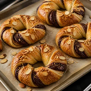 Golden puffed chocolate almond bretzel pastries baked on parchment