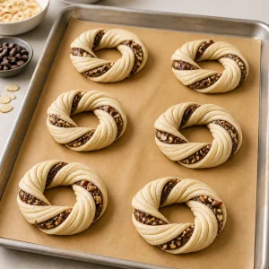 Raw shaped chocolate almond bretzel pastries spaced on parchment-lined baking sheets