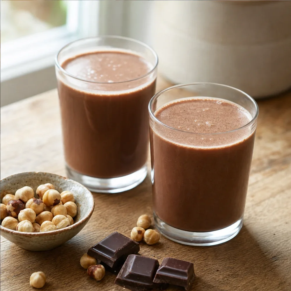 Latte freddo al cioccolato e nocciole in bicchieri piccoli