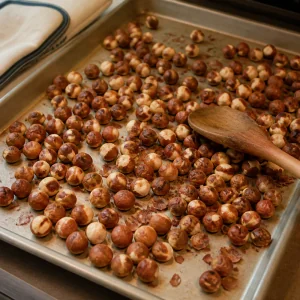 Nocciole tostate e dorate sulla teglia