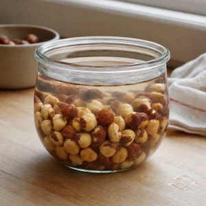 Nocciole tostate coperte d’acqua per l’ammollo