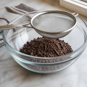 Chopped chocolate in a bowl with a fine-mesh strainer on top.