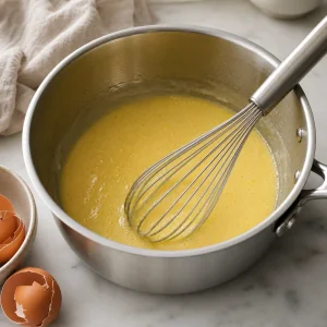 Egg yolks and sugar whisked in a saucepan.