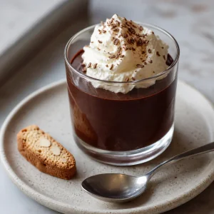Finished chocolate budino topped with soft whipped cream in a small glass cup.