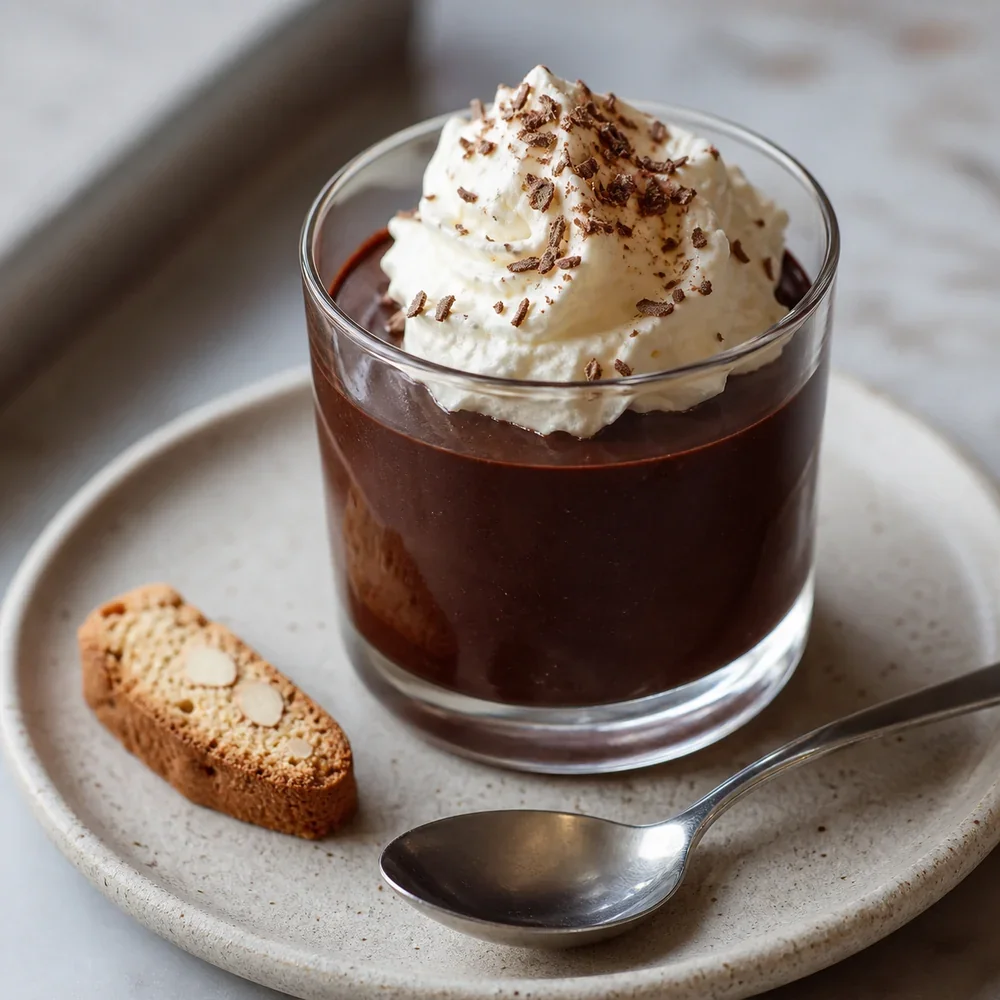 Finished chocolate budino topped with soft whipped cream in a small glass cup.