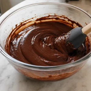 Glossy chocolate custard being stirred in a bowl.