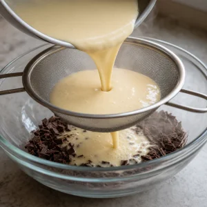Hot custard poured through a strainer over chopped chocolate.