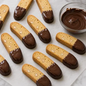 Chocolate dipped biscotti setting on parchment