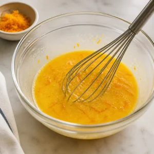 Egg mixture with orange zest being whisked smooth