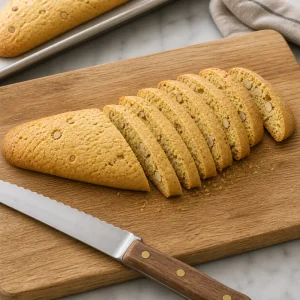 First-baked biscotti log sliced diagonally on a cutting board