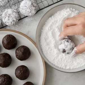 Bolas de massa de chocolate passadas em acucar em po ate ficarem totalmente cobertas