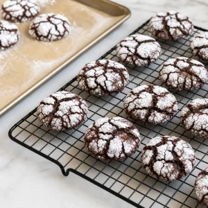 Bolachas crinkle de chocolate e espresso a arrefecer numa grelha enquanto as fendas aprofundam