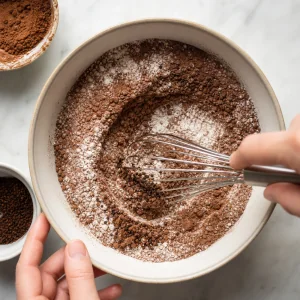 Cacau farinha espresso em po bicarbonato e sal misturados numa tigela