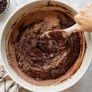 Mistura seca de cacau incorporada aos ingredientes humidos formando massa espessa de chocolate