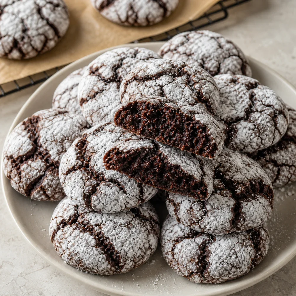 Bolachas crinkle de chocolate e espresso prontas polvilhadas com acucar em po