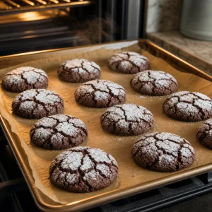 Bolachas crinkle de chocolate recem-assadas com bordas firmes e centros macios no papel