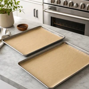 Tabuleiros forrados com papel vegetal prontos ao lado do forno para bolachas crinkle