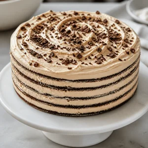 Assembled icebox cake topped with swirled cream and chocolate
