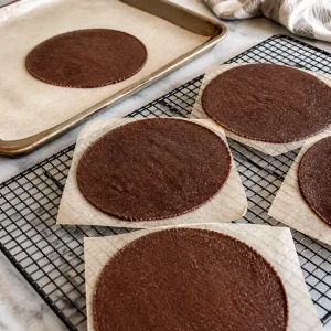 Baked chocolate wafer rounds cooling on parchment and a rack